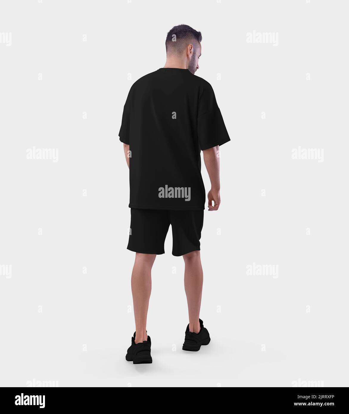 Oversized black suit mockup on a walking guy in sneakers, back view