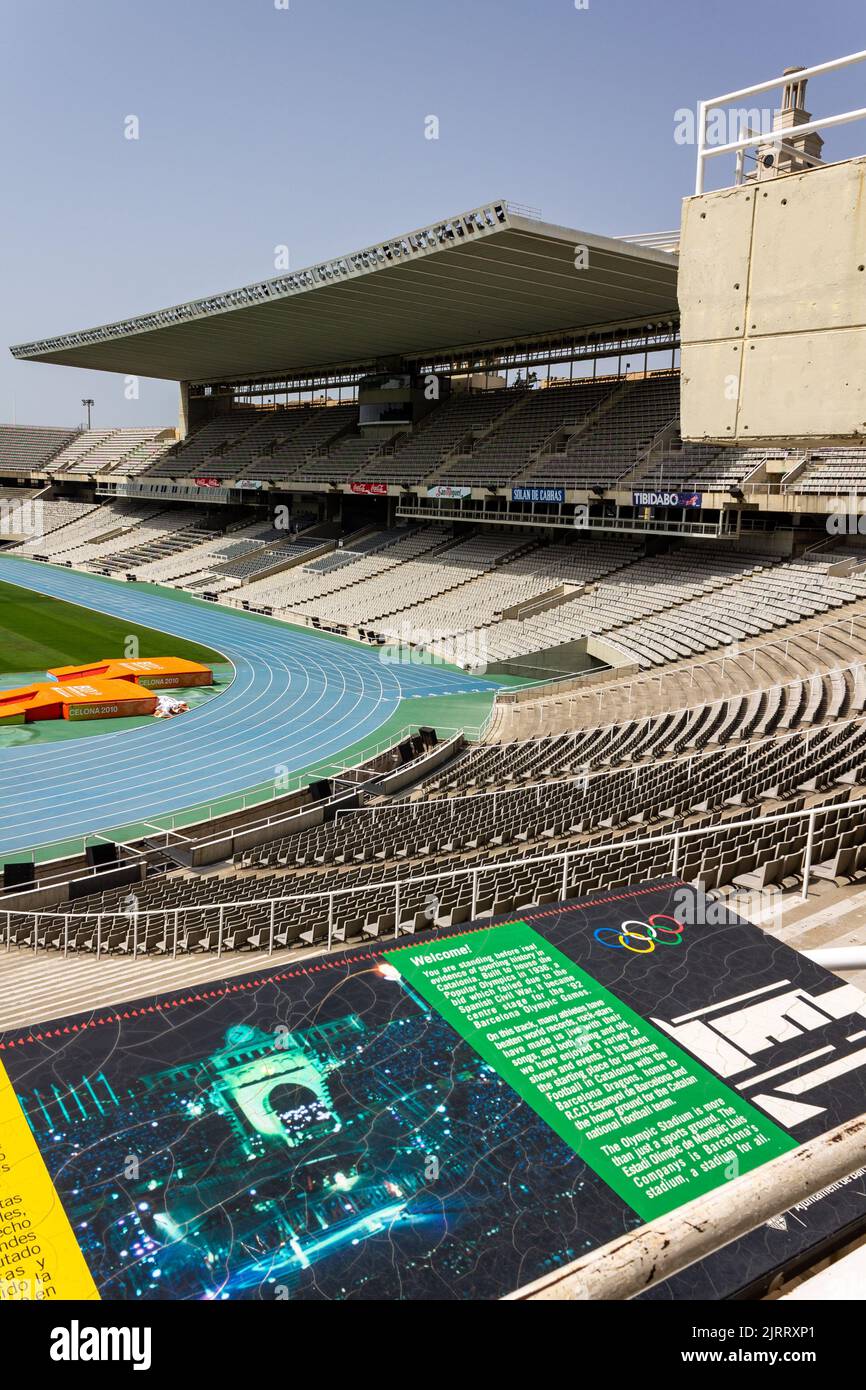 A vertical of an empty Olympic Stadium in Port Vell in Barcelona, Spain Stock Photo
