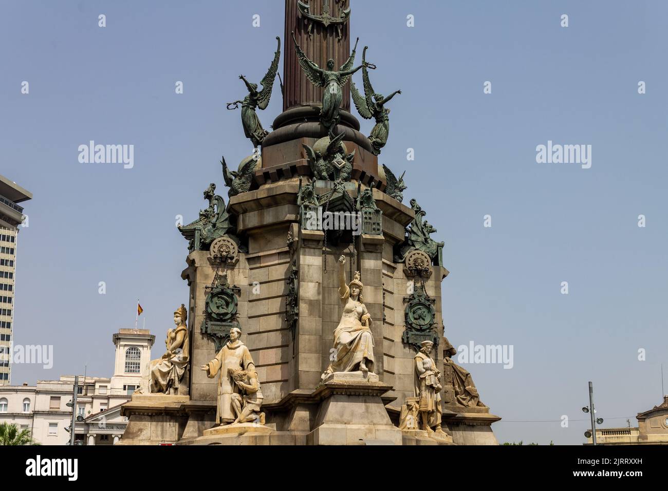 A low angle shot of the Colon (Columbus) monument in Barcelona, Spain Stock Photo