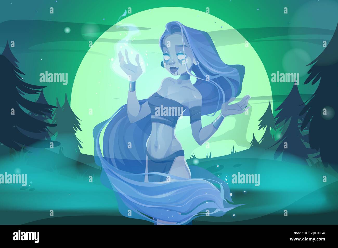 Magic woman ghost in night forest, creepy nymph with bleeding eyes and
