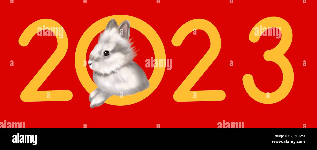 Happy Chinese new year greeting card 2023 with rabbit. Animal holidays realistic character.  Stock Photo