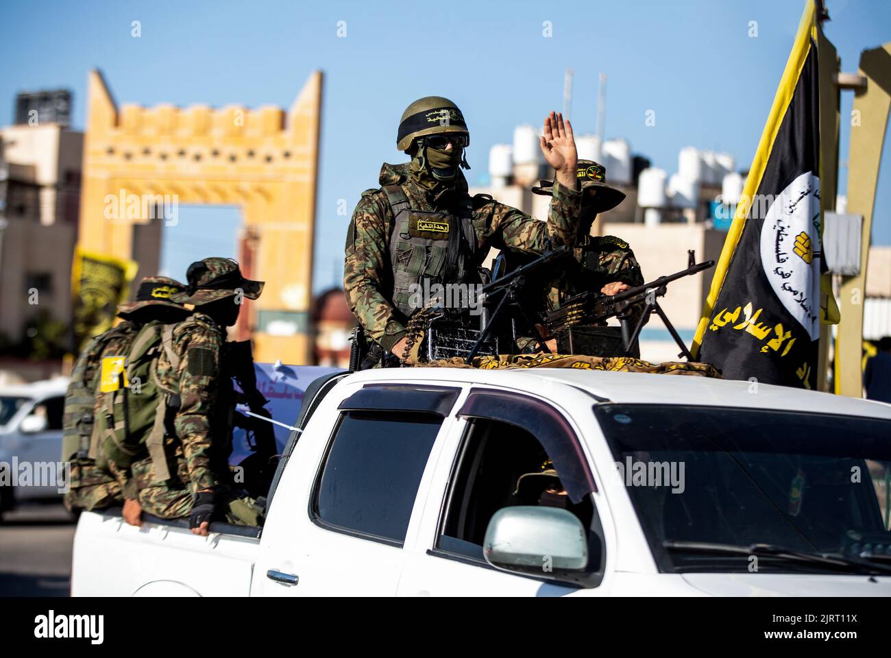 Rafah, Gaza Strip, Palestine. 24th Aug, 2022. Gaza Strip, Palestine. August 24, 2022. Fighters of the Al-Quds Brigades, the military wing of Islamic Jihad, hold a military parade in Rafah, in the southern Gaza Strip. A ceasefire between Israel and Islamic Jihad brokered by Egypt ended on 7th August, after three days of Israeli airstrikes on the Gaza Strip against the Islamic Jihad group, who retaliated by firing rockets into Israel (Credit Image: © Yousef Mohammed/IMAGESLIVE via ZUMA Press Wire) Stock Photo