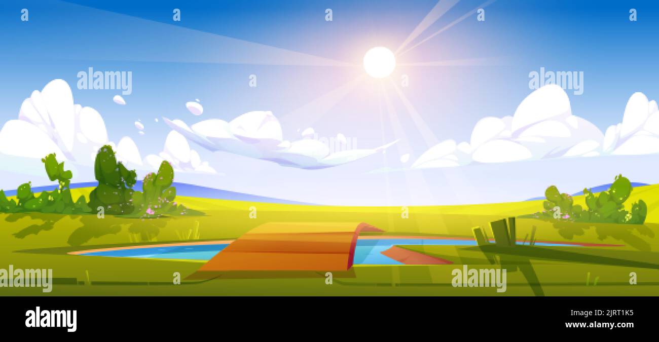 Summer landscape with green lawn and wooden bridge over pond. Vector cartoon illustration of nature panorama with meadows, bushes with flowers, sun in Stock Vector