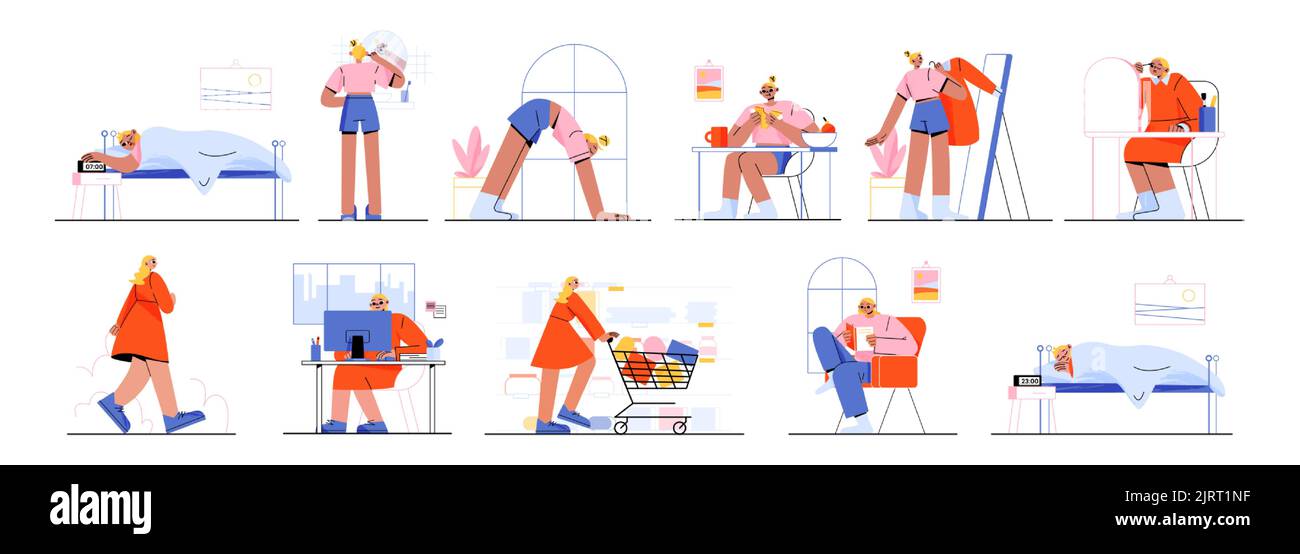 Daily routine of young woman, flat character set. Female waking up ...