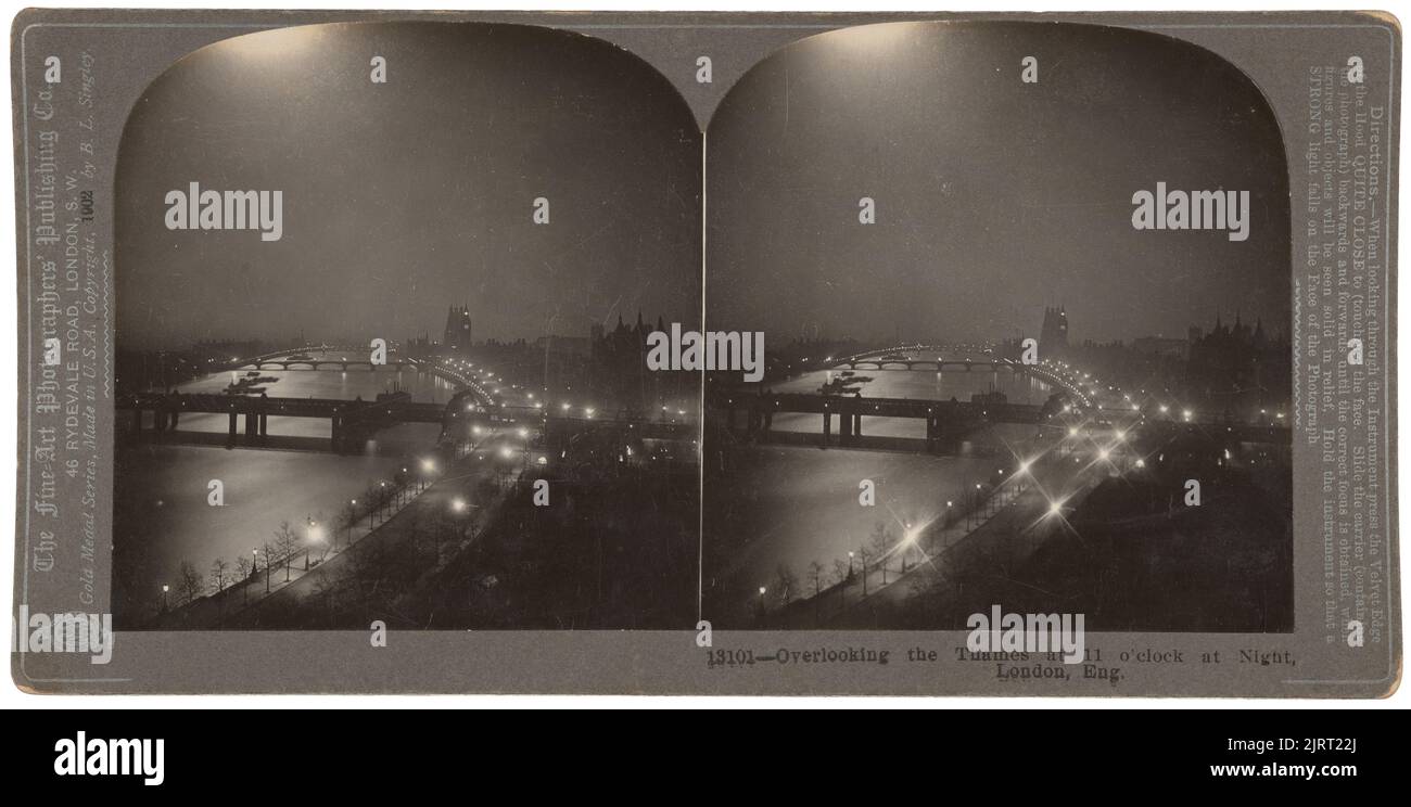 Overlooking the Thames at 11 o'clock at Night, London, England, 1902, London, by Keystone View Company. Stock Photo