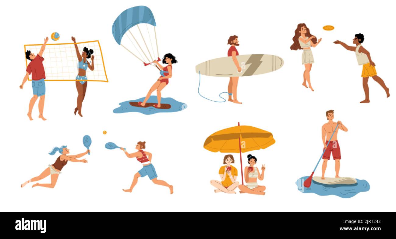 Young people having active rest on beach flat character set isolated on white. Vector illustration of happy men and women playing volleyball, frisbee, Stock Vector