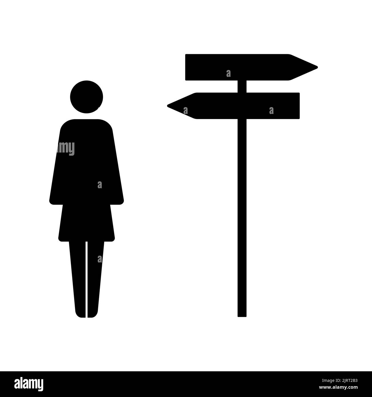 Icon of a woman standing at a crossroads with directional sign arrows in opposite way. Choice, career path or decision concept. Flat Vector illustrati Stock Vector