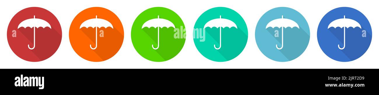 Umbrella icon set, flat design vector illustration in 6 colors options ...