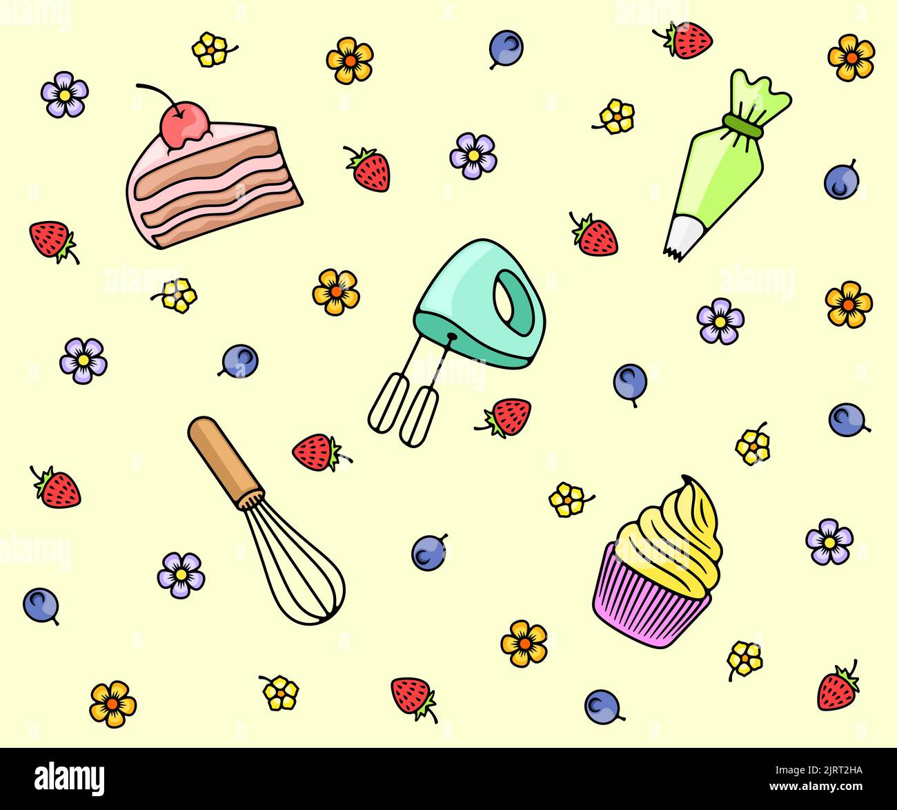 Confectionery, food, confectionery utensils, seamless vector background, wallpaper, banner, pattern. Piece of cake, cupcake, electric mixer, whisk Stock Vector