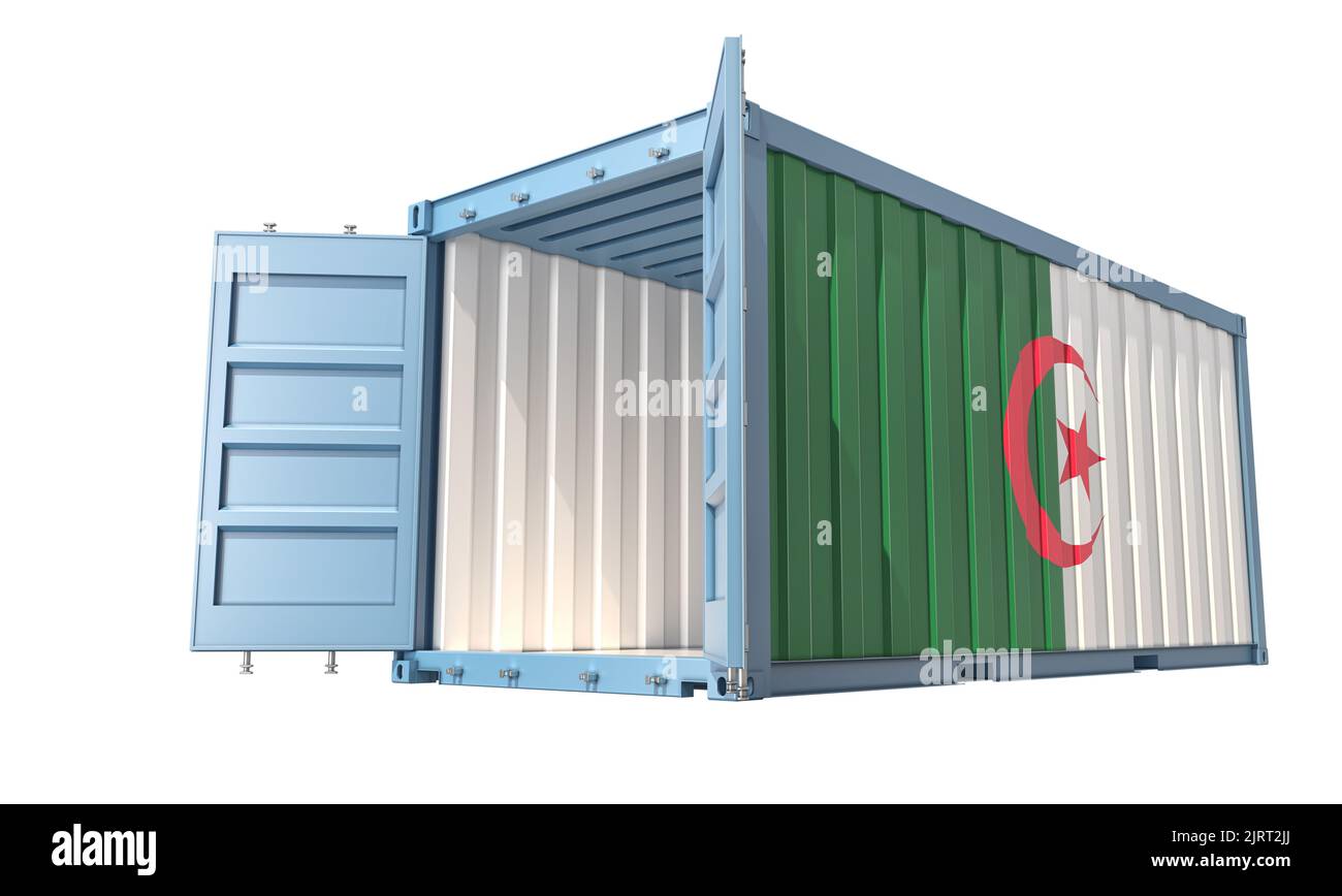 Cargo Container with open doors and Algeria national flag design. 3D Rendering Stock Photo