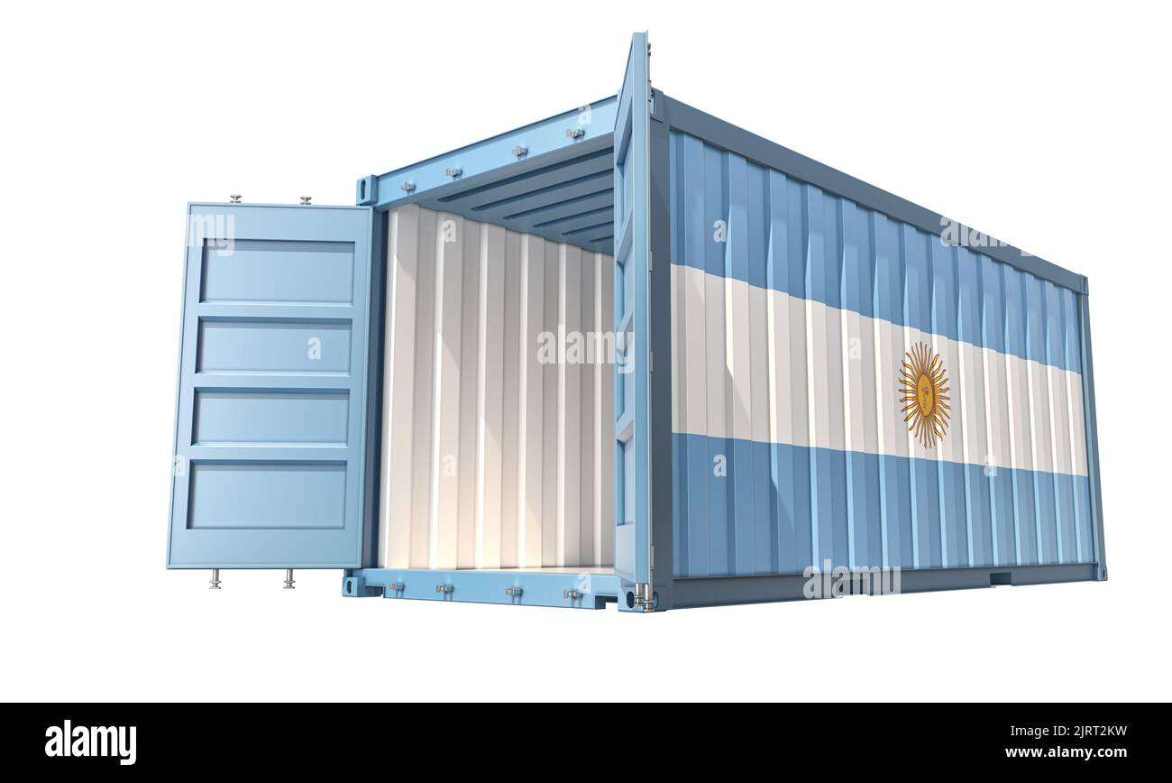 Cargo Container with open doors and Argentina national flag design. 3D ...
