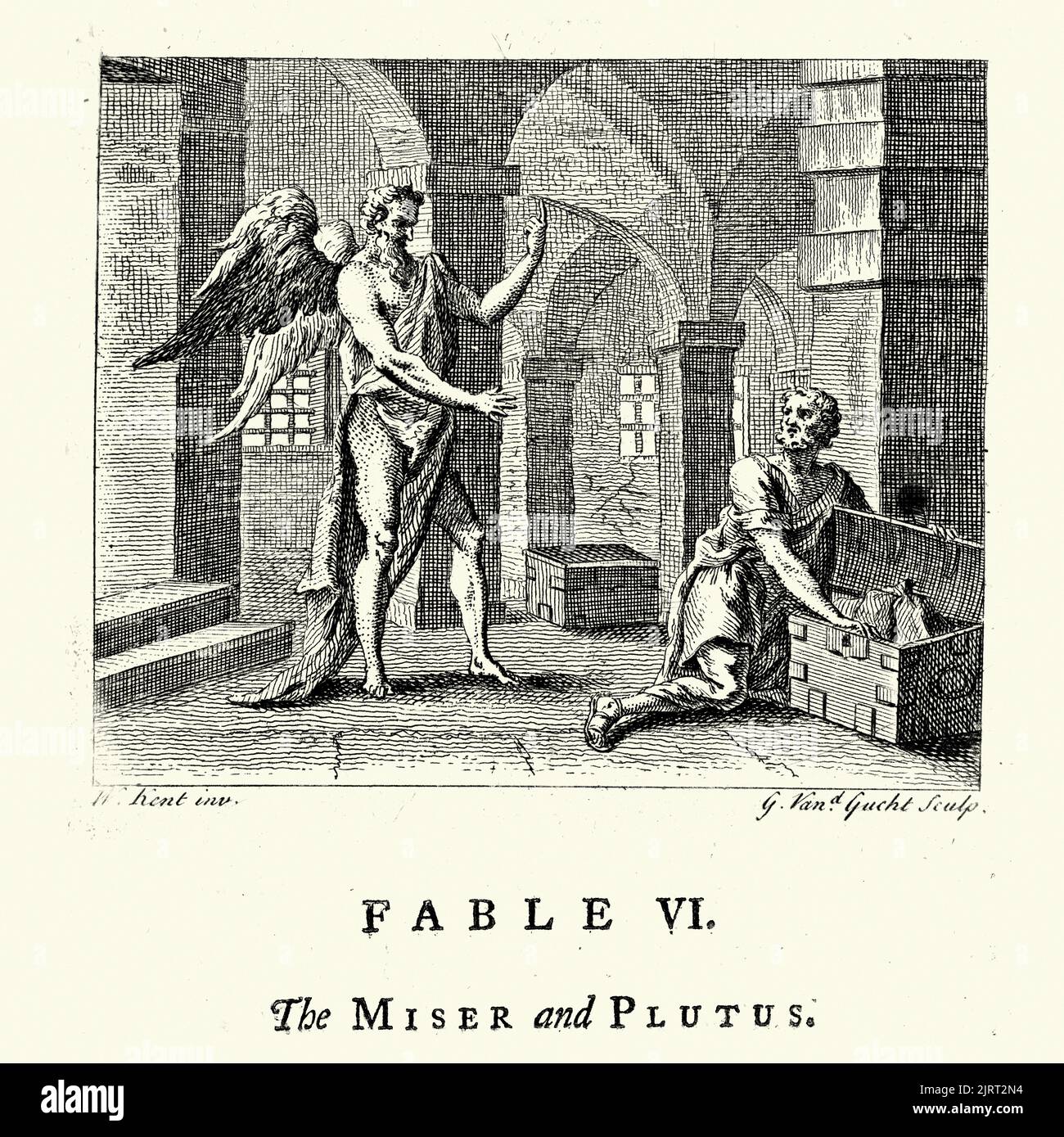 Vintage engraving The Miser and Plutus, From the Fables of John Gay 18th Century, In ancient Greek mythology, Plutus is the god and the personification of wealth Stock Photo