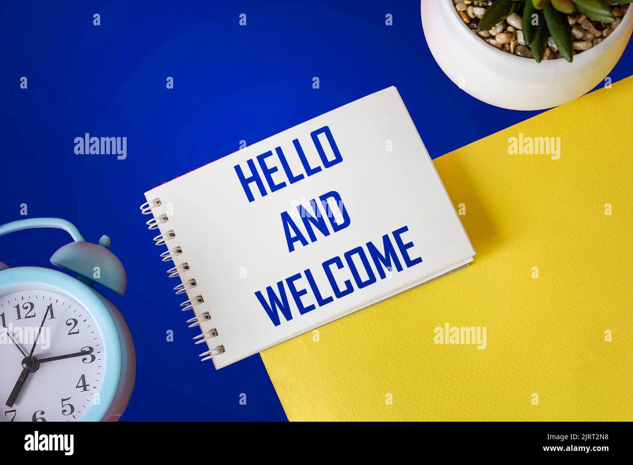 Hello and welcome symbol. Concept words Hello and welcome on notepad. Beautiful blue and yellow background. Blue alarm clock and cactus flower. Stock Photo