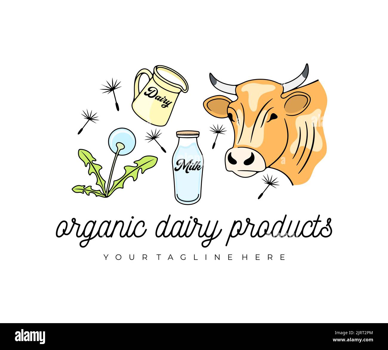 Cow, milk jug, milk glass bottle, dandelion, dandelion parachutes or seeds, logo design. Animal, pets, dairy farm, cattle, plant and field herbs Stock Vector