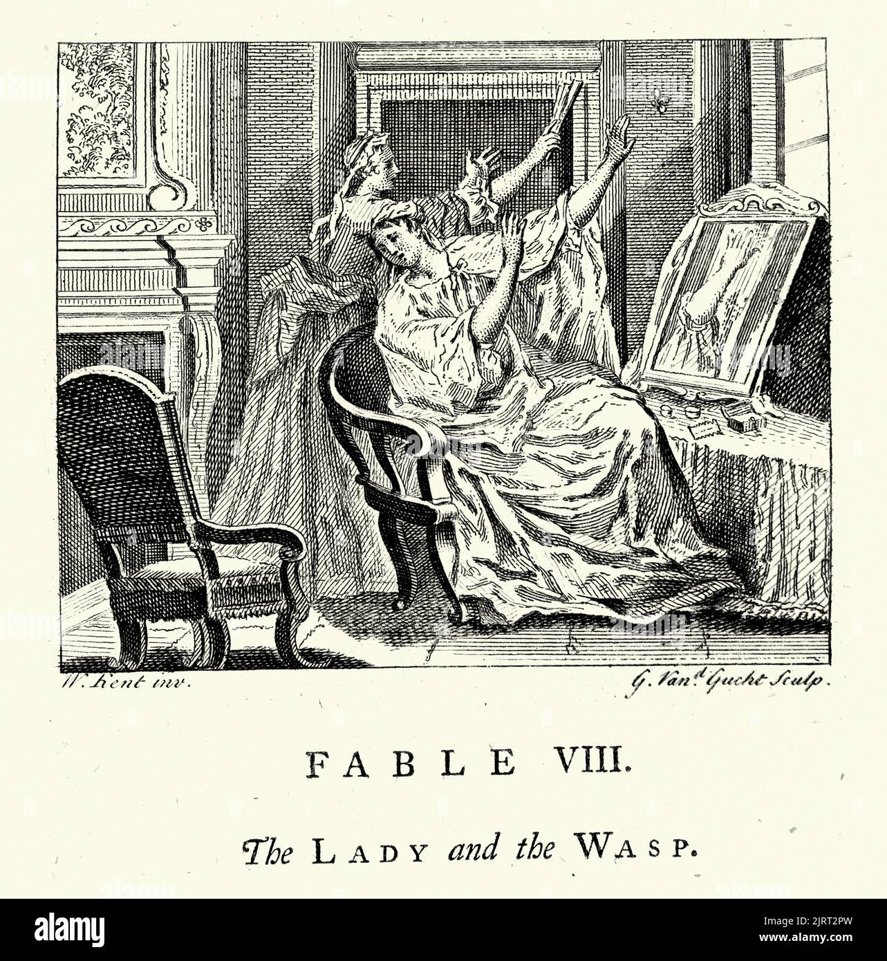 Vintage engraving The Lady and the Wasp, From the Fables of John Gay 18th Century Stock Photo