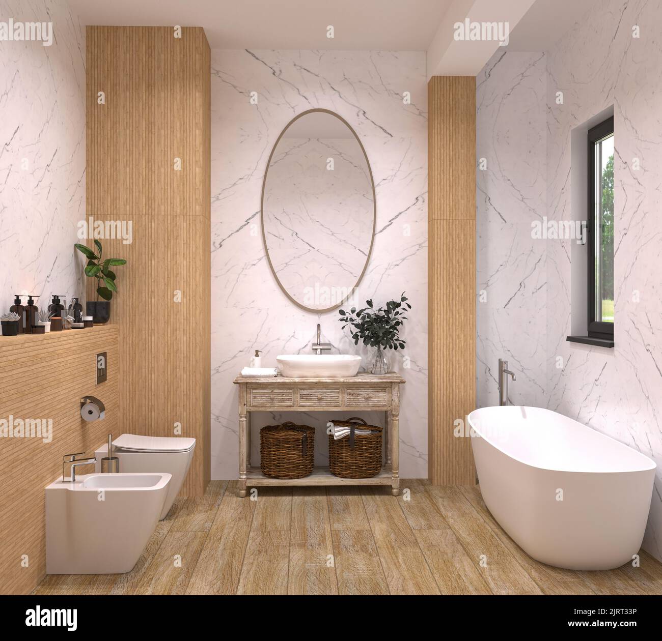bathroom in light colors from white marble with toilet and bidet