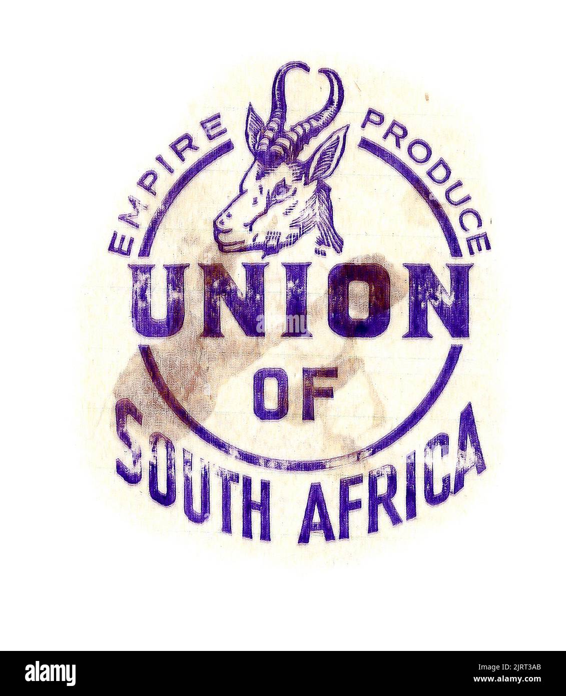 Fresh fruit tissue paper wrapper, from mid-1950s England, with grower's trade mark. Empire Produce, Union of South Africa. Gazelle with horns. Stock Photo