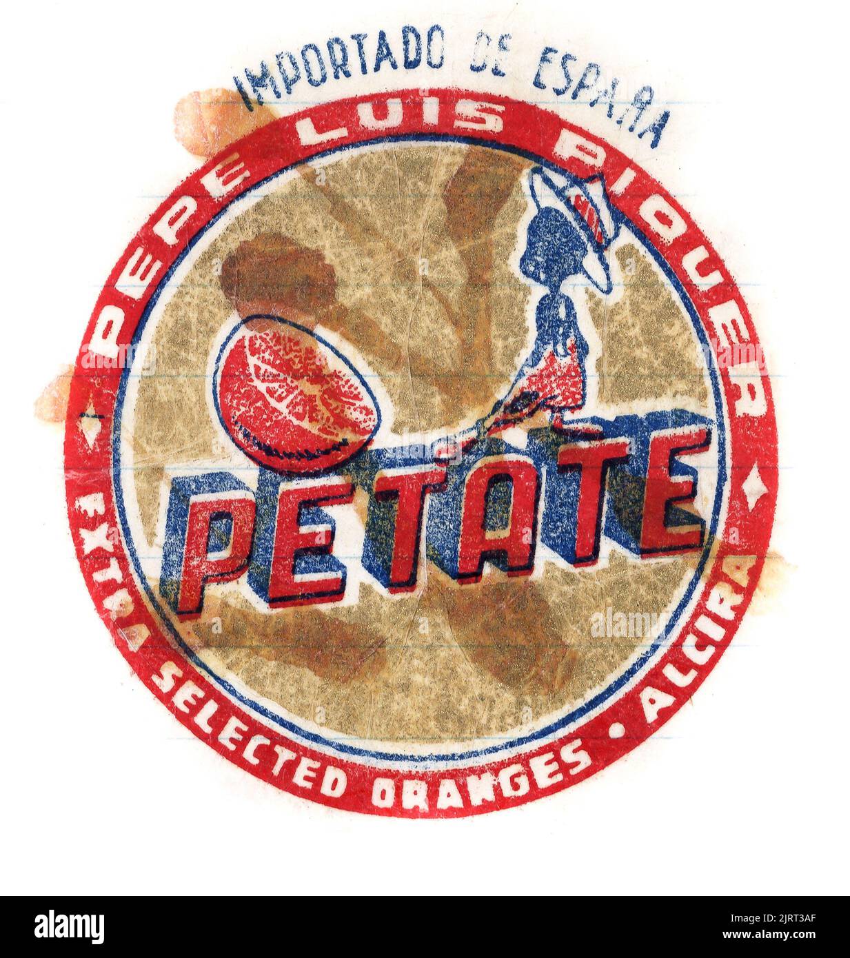 Fresh fruit tissue paper wrapper, from mid-1950s England, with grower's trade mark. Petate, Pepe Luis Piquer, Importado de Espana. Selected oranges. Stock Photo