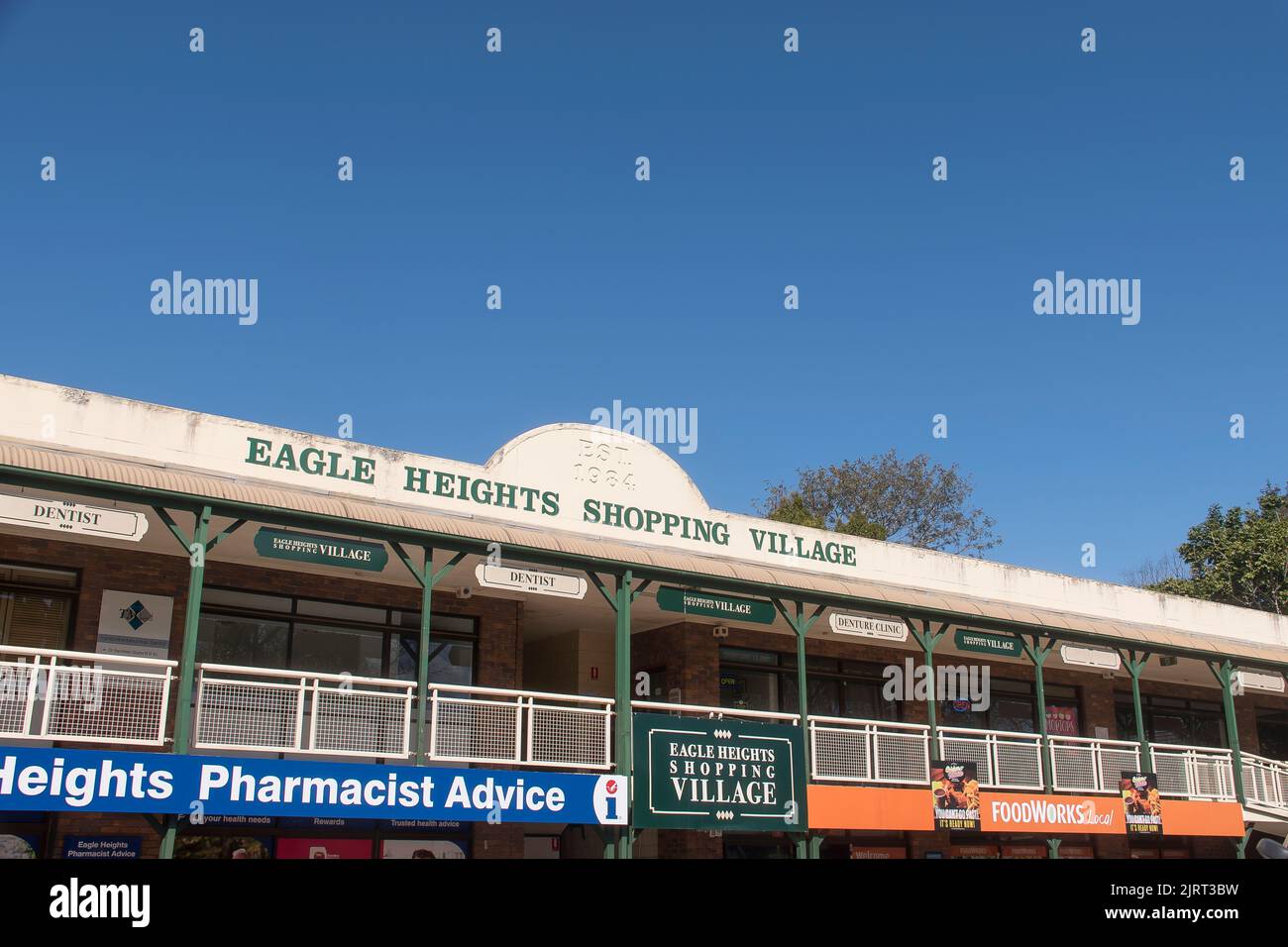 Eagle Heights Shopping Village on Tamborine Mountain, Queensland, Australia. Small village shopping and community centre. Upper level, copy space. Stock Photo