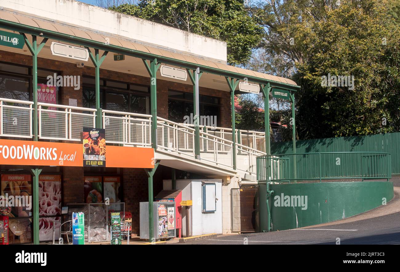 Eagle Heights Shopping Village on Tamborine Mountain, Queensland, Australia. Small village shopping and community centre. Two storeys, built 1984. Stock Photo