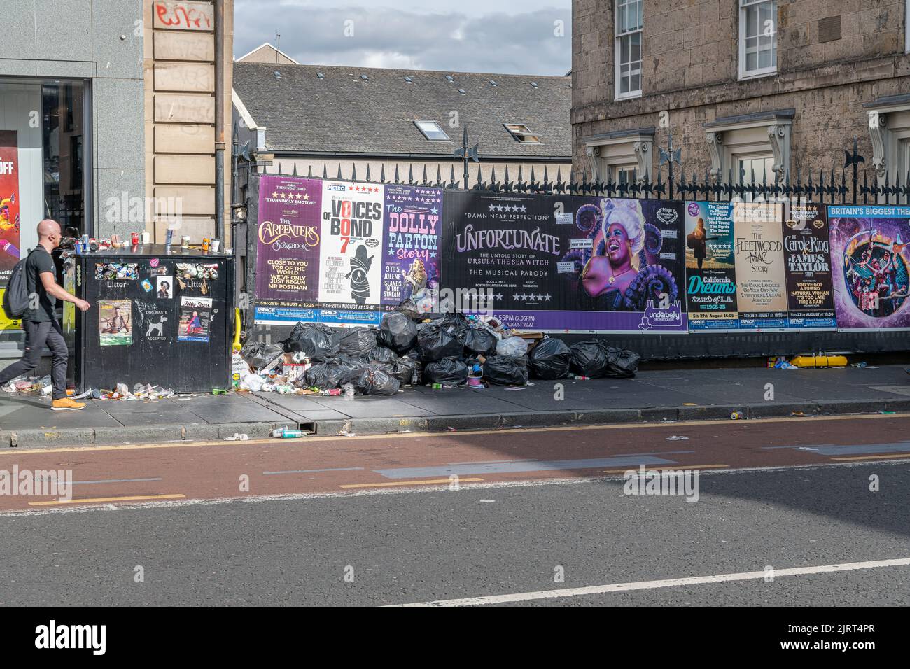 Rubbish piling up in the street  during the Edinburgh Festivals and a Rubbish Collectors Strike, Edinburgh, Scotland Stock Photo