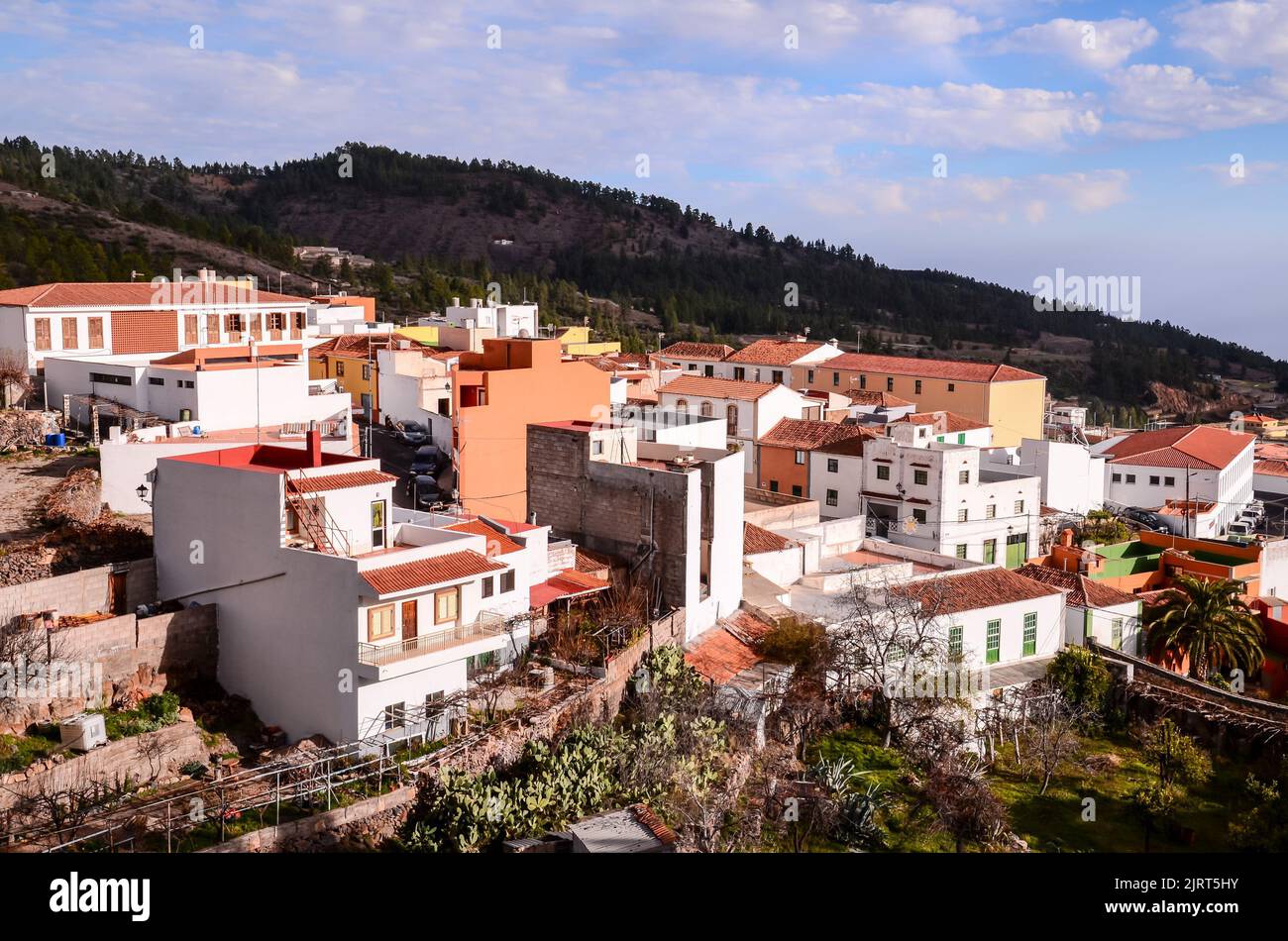 Village of Vilaflor among a forest of pines in the mountain at tenerife in the Spanish Canary Islands. Stock Photo