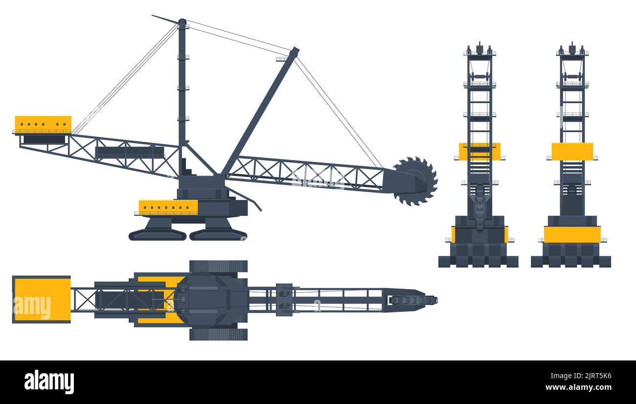Isometric Bucket-wheel excavator. BWE, Bucket-wheel excavator mining lignite. View front, rear, side and top. Mining quarry, mine. Equipment for high Stock Vector