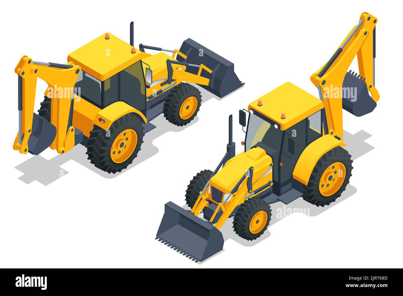 Isometric Yellow Tractor with backhoe and loader toy isolated on white