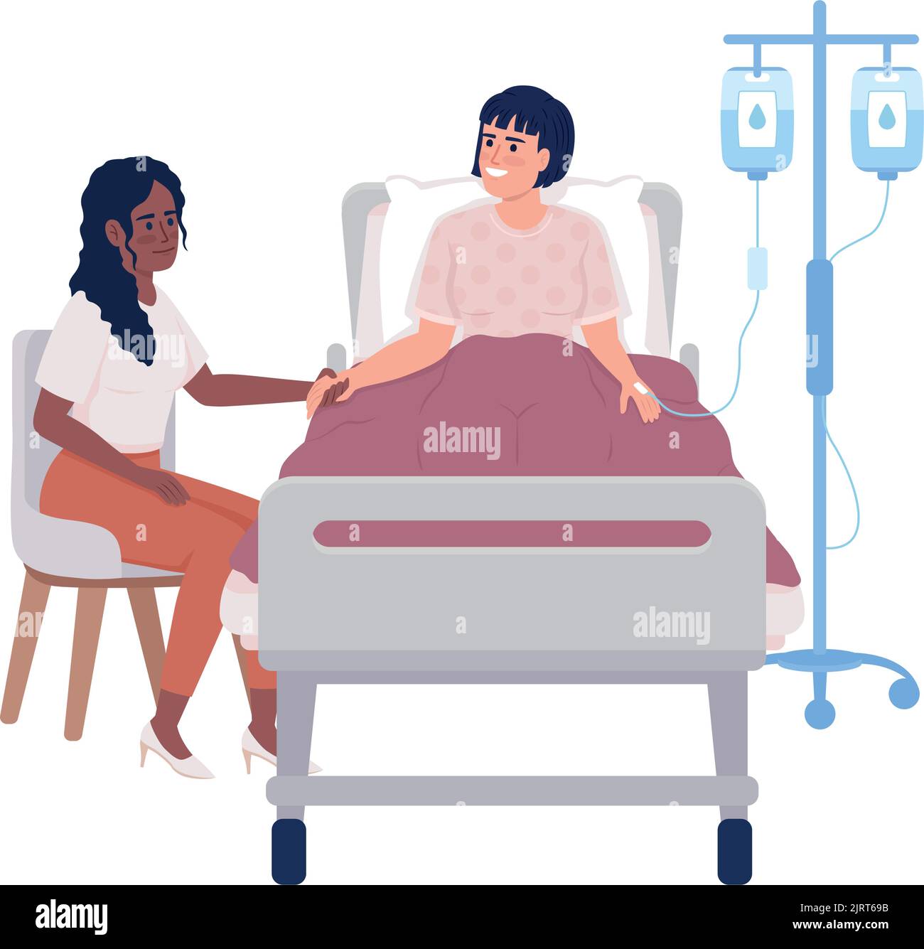Ill Friend Woman visiting ill friend at hospital semi flat color vector characters ...