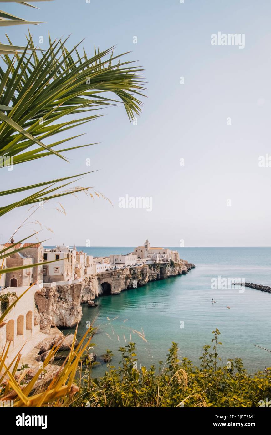 Beautiful Seaside Town - The calm blue sea meets the charming town perched on the cliffs,  making the perfect spot in Vieste, Italy. Stock Photo