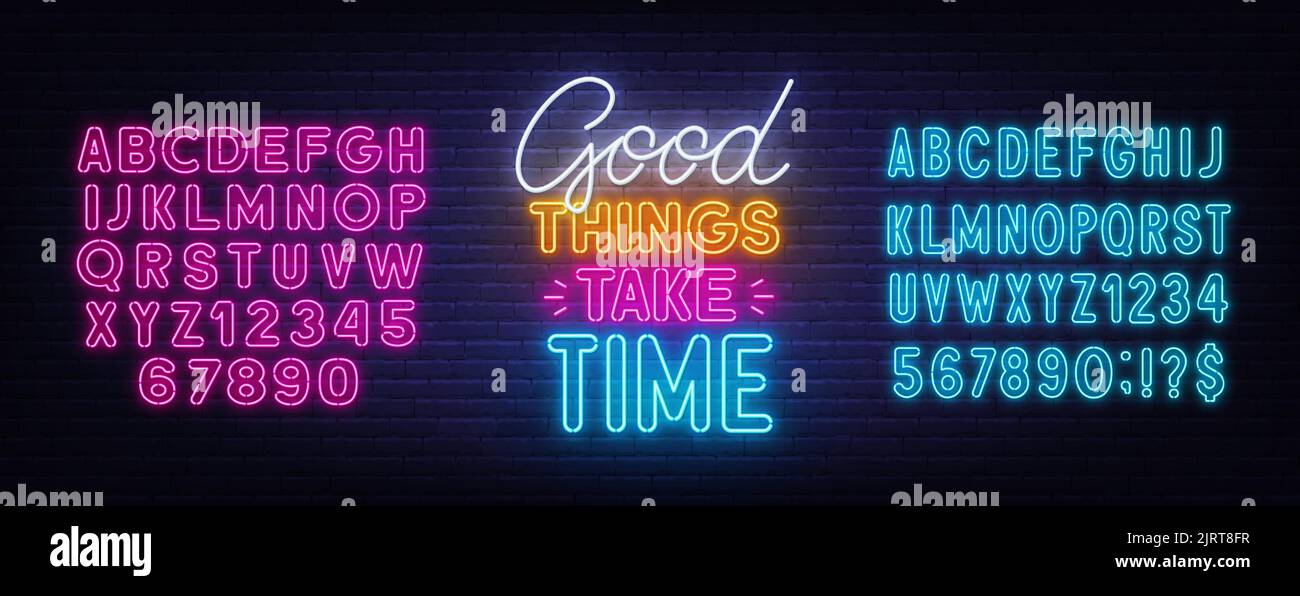 Good things take time neon quote on a brick wall. Stock Vector