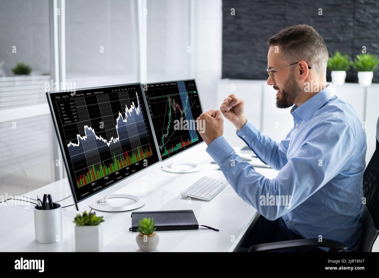 Successful Stock Market Trader In Joy. Inside Trade Stock Photo - Alamy