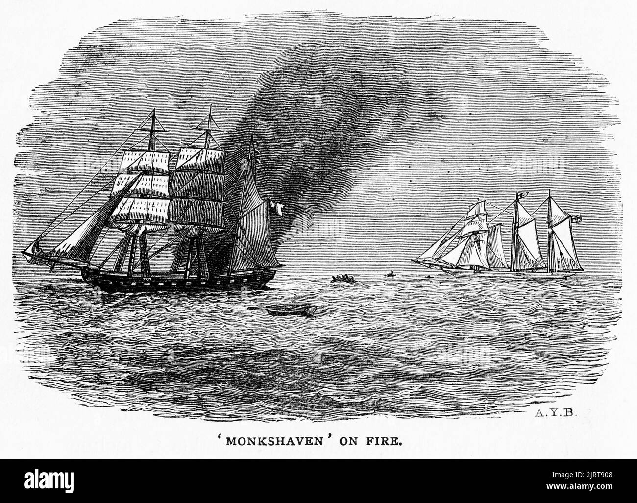 Engraving of the barque Monkshaven on fire, from A Voyage in the Sunbeam by Baroness Anna 'Annie' Brassey (1839 – 1887), published 1878 Stock Photo