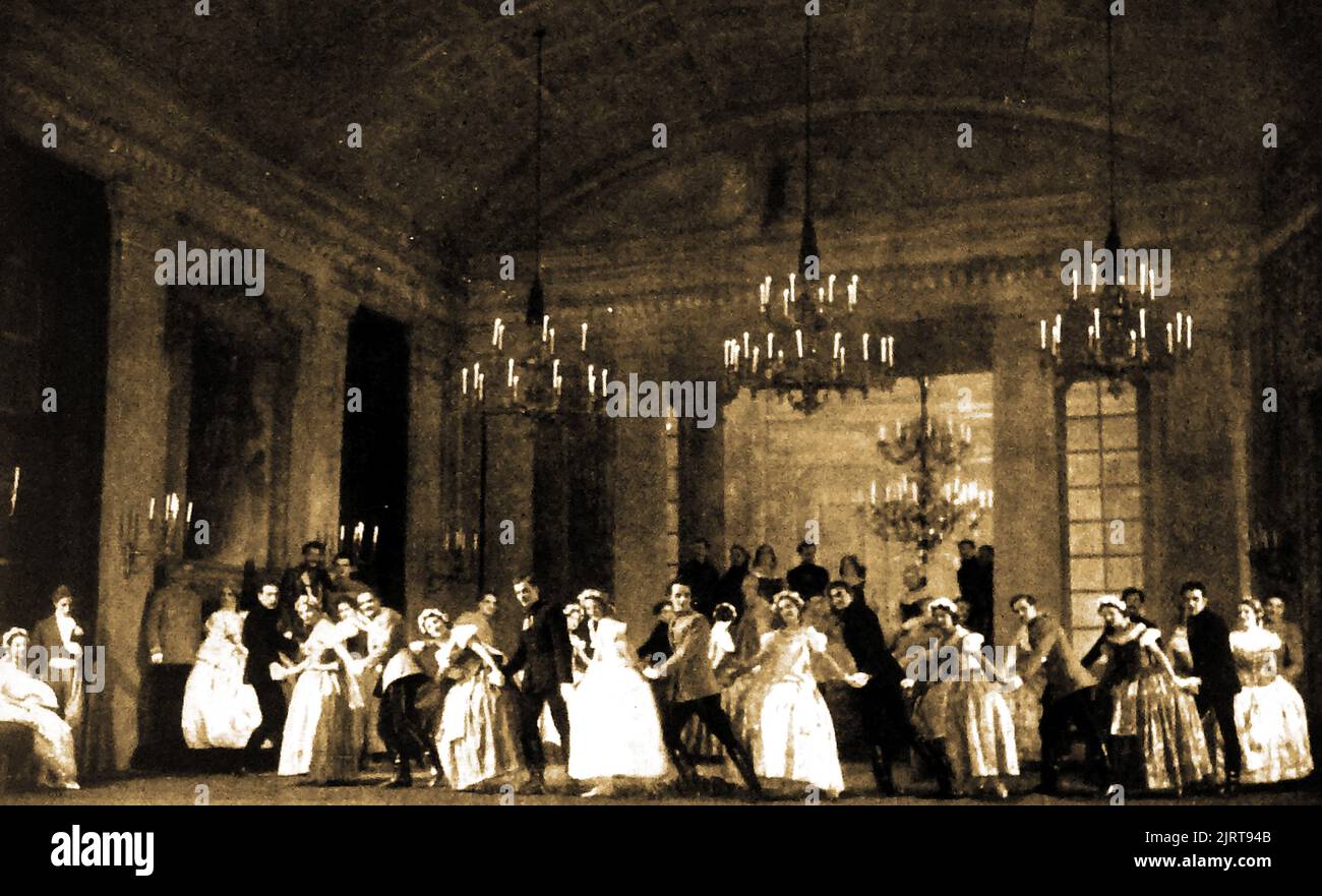 A 1949 photograph of a stage performance (opera) of Carnival at Pest, performed in Budapest. -----   Снимка от 1949 г. на сценично представление (опера) на Карнавал в Пеща, изпълнена в Будапеща Stock Photo