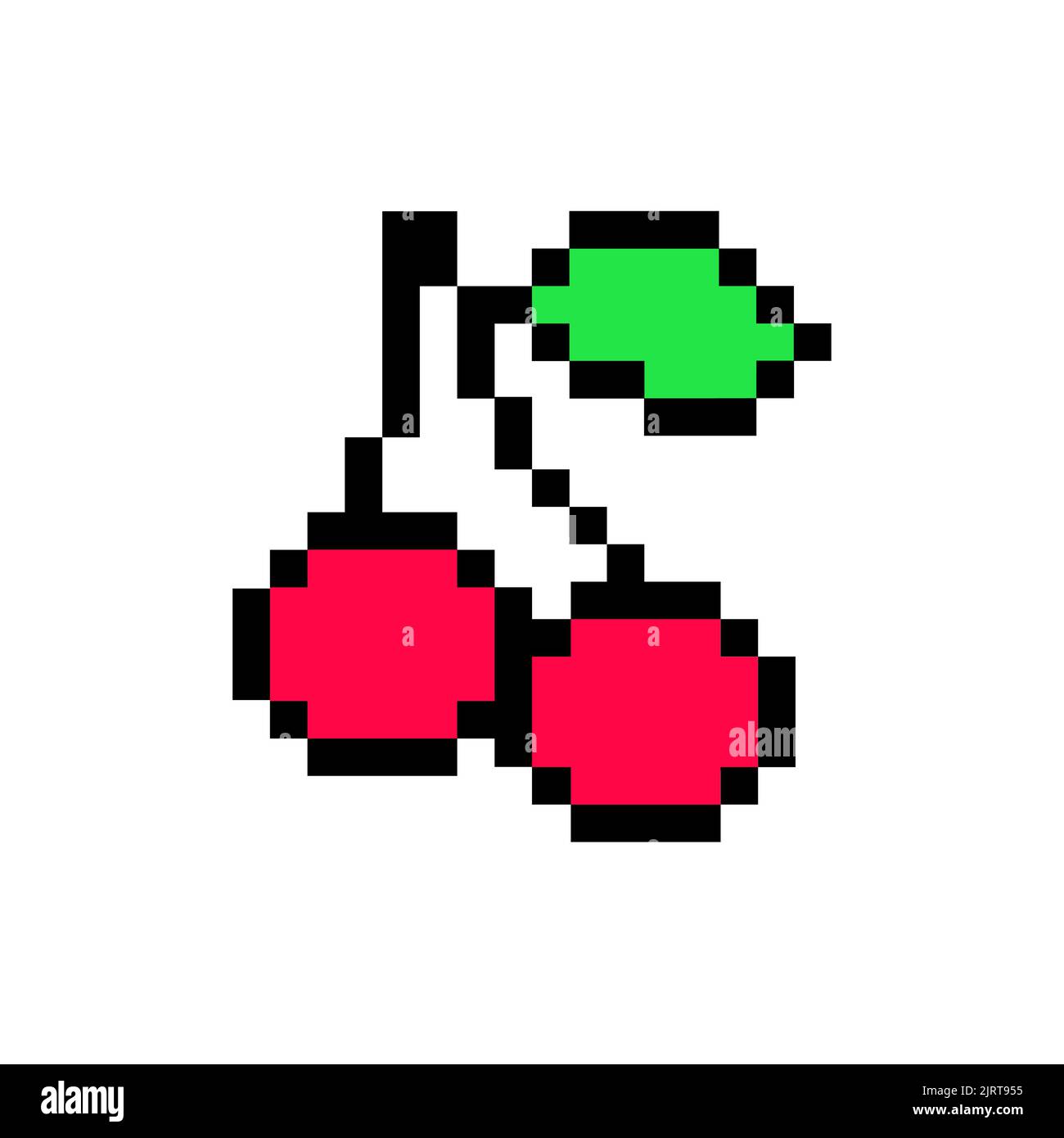 Pixel cherry icon game vector fruit. 8 bit pixel red cherry vector Stock Vector