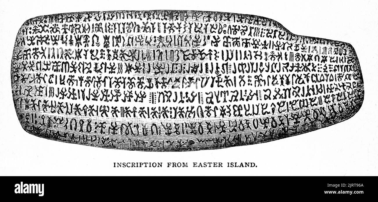 Engraving of an artifact with an inscription from Easter Island, from A Voyage in the Sunbeam by Baroness Anna 'Annie' Brassey (1839 – 1887), published 1878 Stock Photo