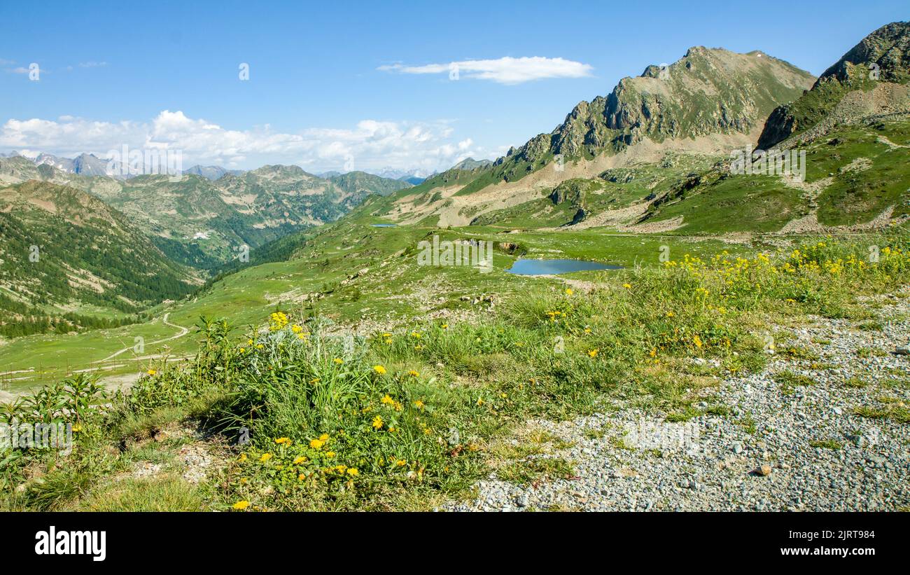 Beautiful view of Col de la Lombarde - Colle della Lombarda, el. 2350 m. - high mountain pass above the ski resort of Isola 2000 on the border between Stock Photo