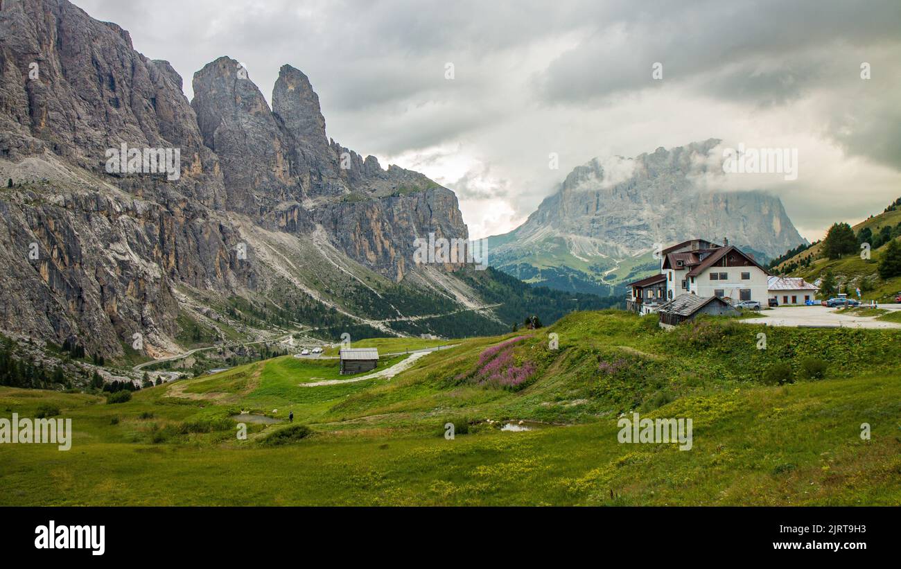 Beautiful panoramic view of Gardena pass, Passo Gardena, Italian Alps, Dolomites, Dolomiti, Italy, Europe. 4k wallpaper, HD background. Stock Photo