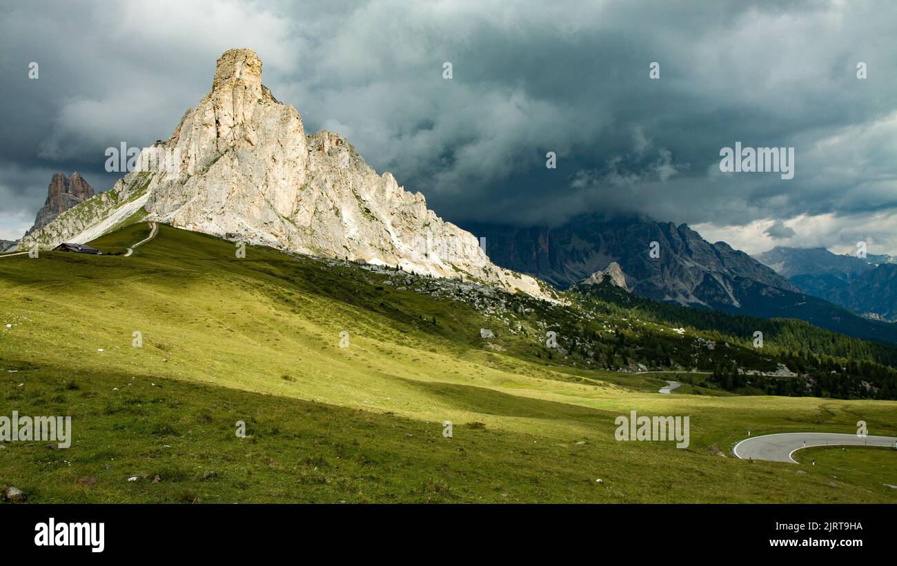 Beautiful Panoramic view of Passo di Giau with dramatic light, Italian Alps, Dolomites, Dolomiti, Italy, Europe. 4k wallpaper, HD background. Stock Photo