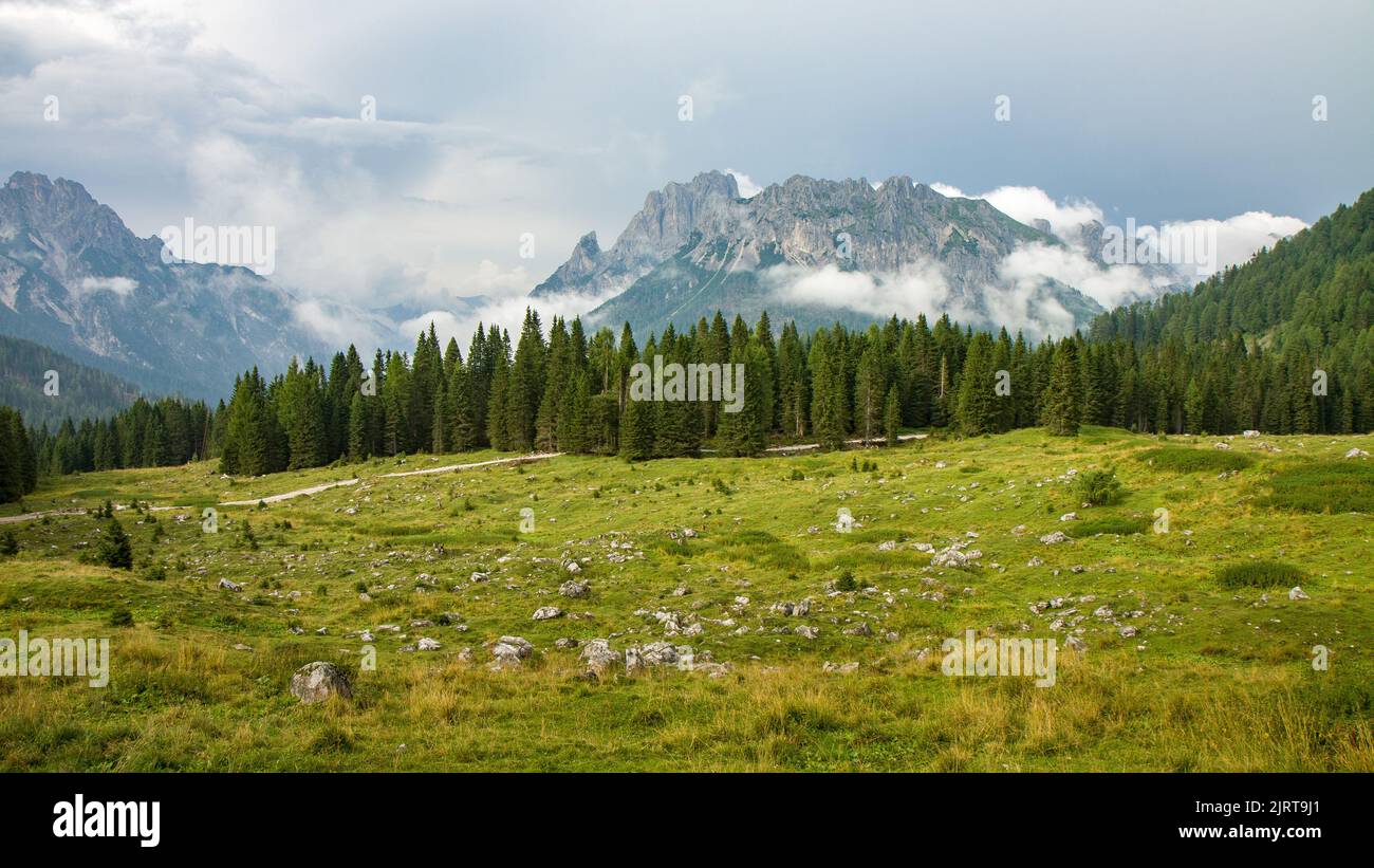 Beatifuil panoramic view of Italian Alps, Dolomites, Dolomiti, Italy, Europe. HD background, 4k wallpaper. Stock Photo