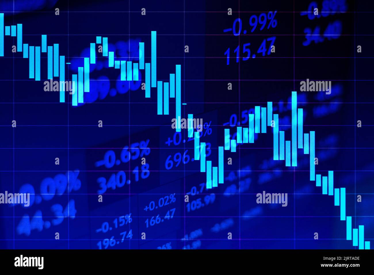 Falling stock market chart on dark background against the backdrop of stock quotes Stock Photo