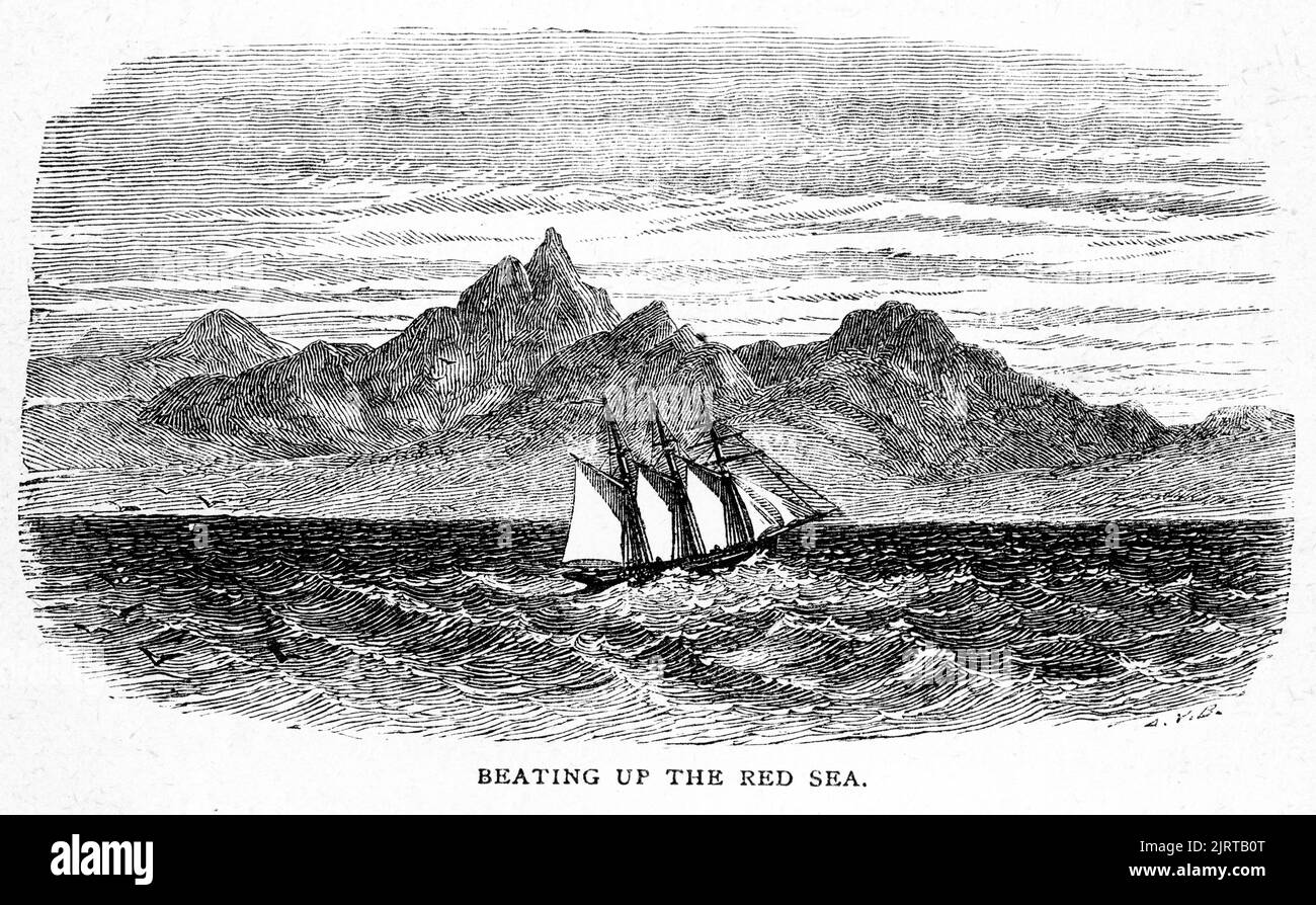 Engraving of the Sunbeam sailing up the Red Sea, from A Voyage in the Sunbeam by Baroness Anna 'Annie' Brassey (1839 – 1887), published 1878 Stock Photo
