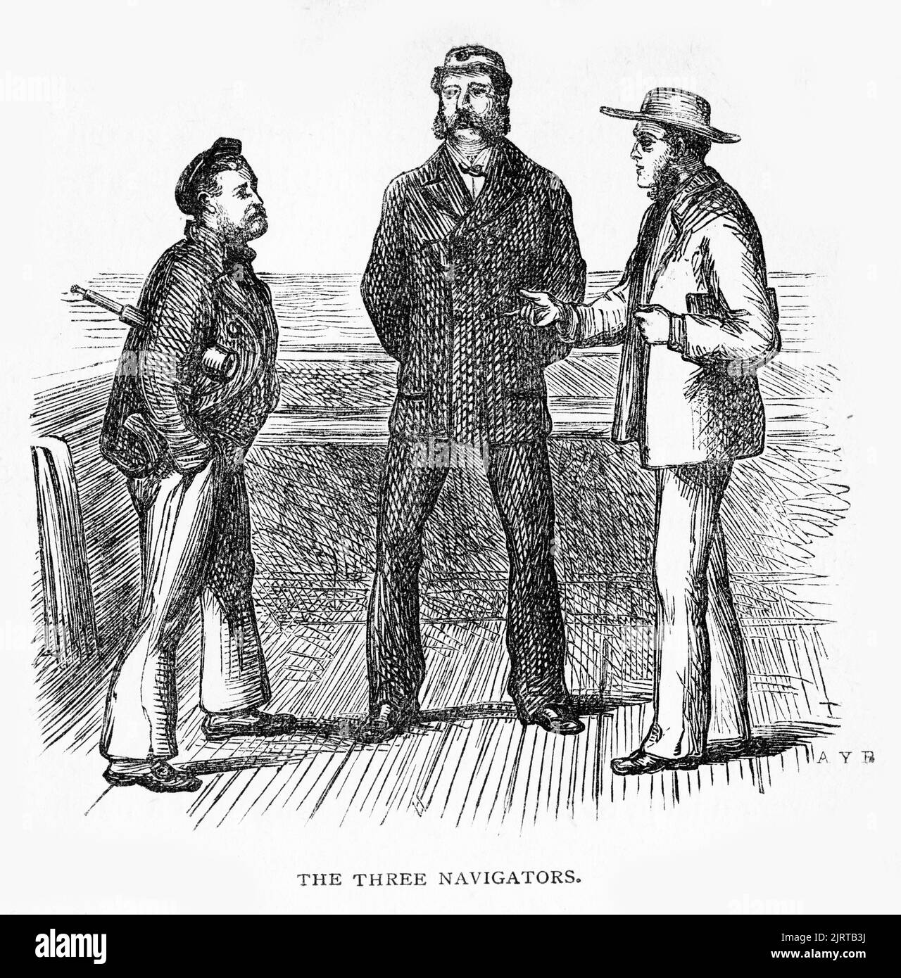 Engraving of the three navigators on the Sunbeam, from A Voyage in the Sunbeam by Baroness Anna 'Annie' Brassey (1839 – 1887), published 1878 Stock Photo