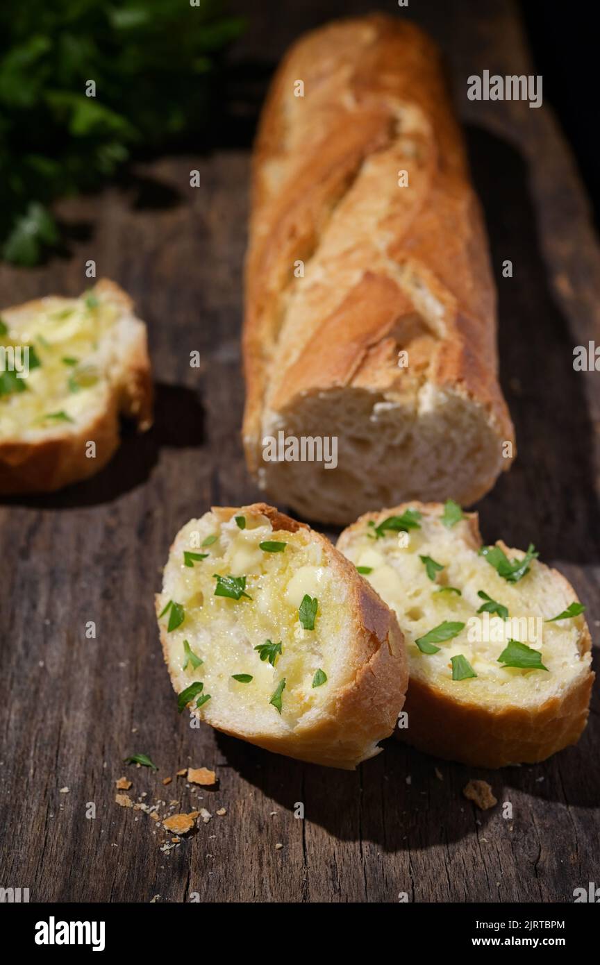 Bruschetta Topped With Olive Oil And Garlic with Baguette Bread Stock Photo