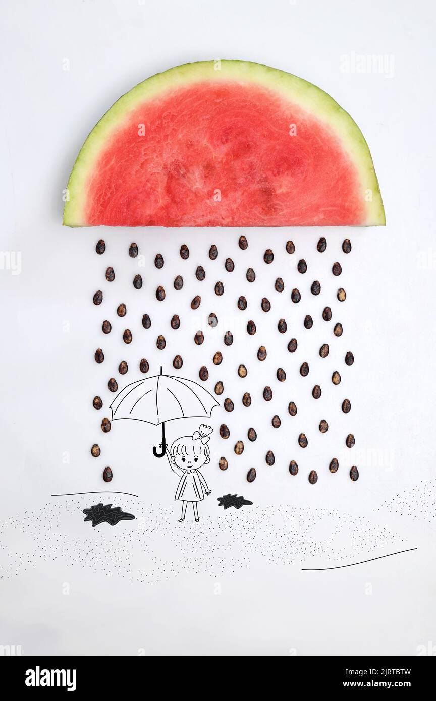 Abstract Watermelon Slice With Seeds Raining on Drawing with a Girl Holds a Umbrella Stock Photo