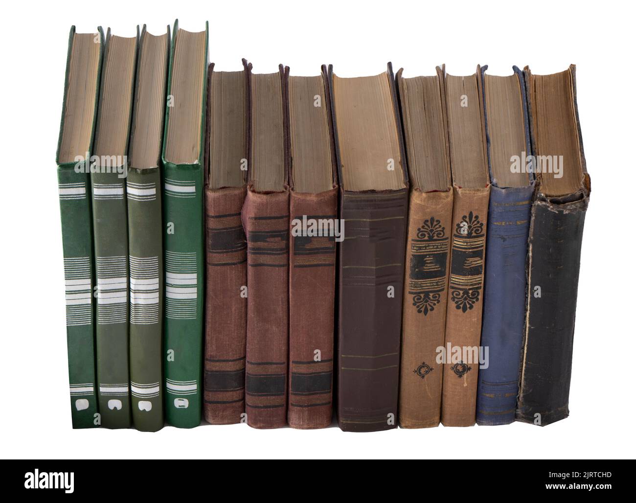 Stack of old books isolated on white background. Library shelf. The