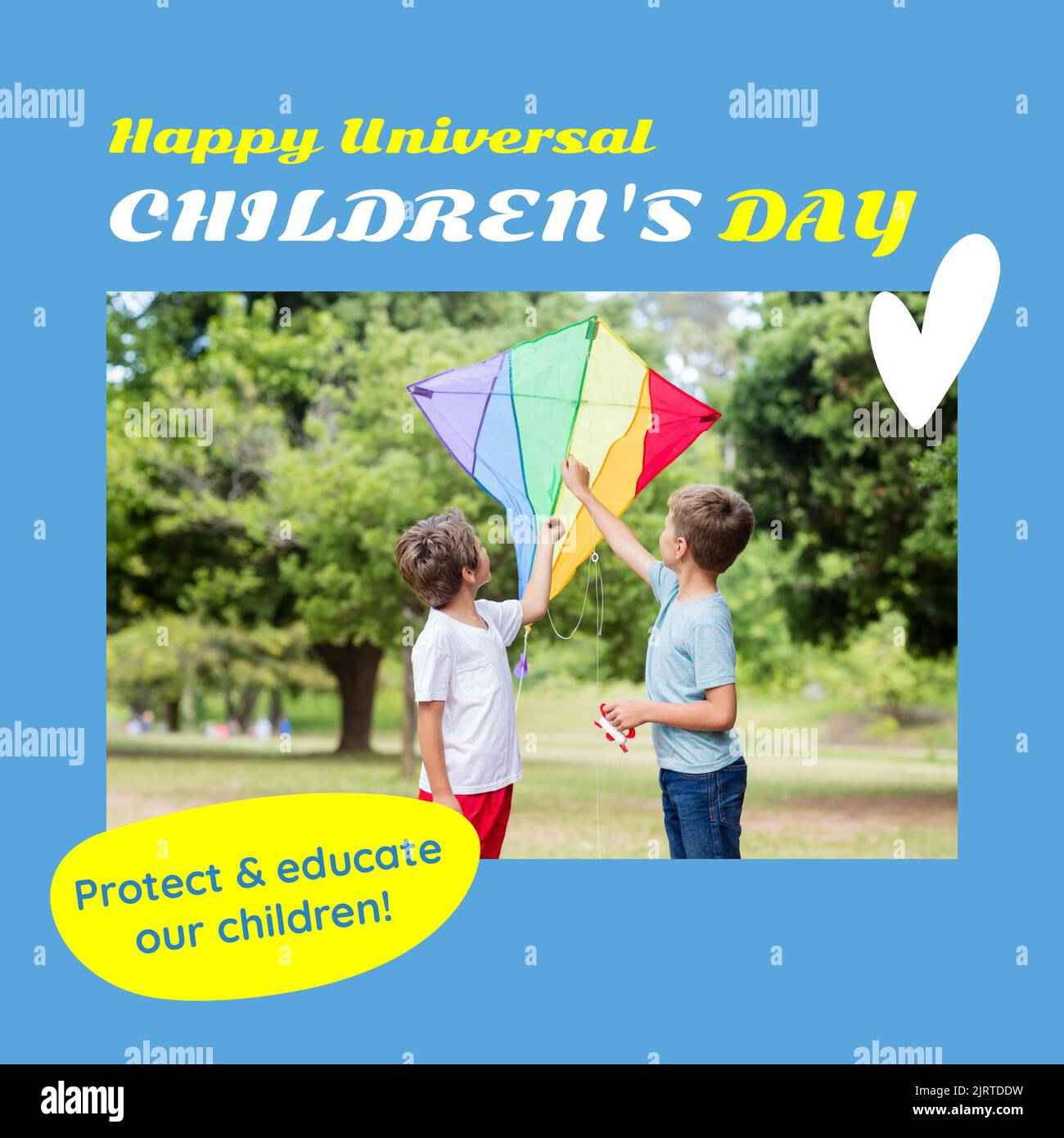 Composite of protect and educate our children text over caucasian boys holding kite in park Stock Photo