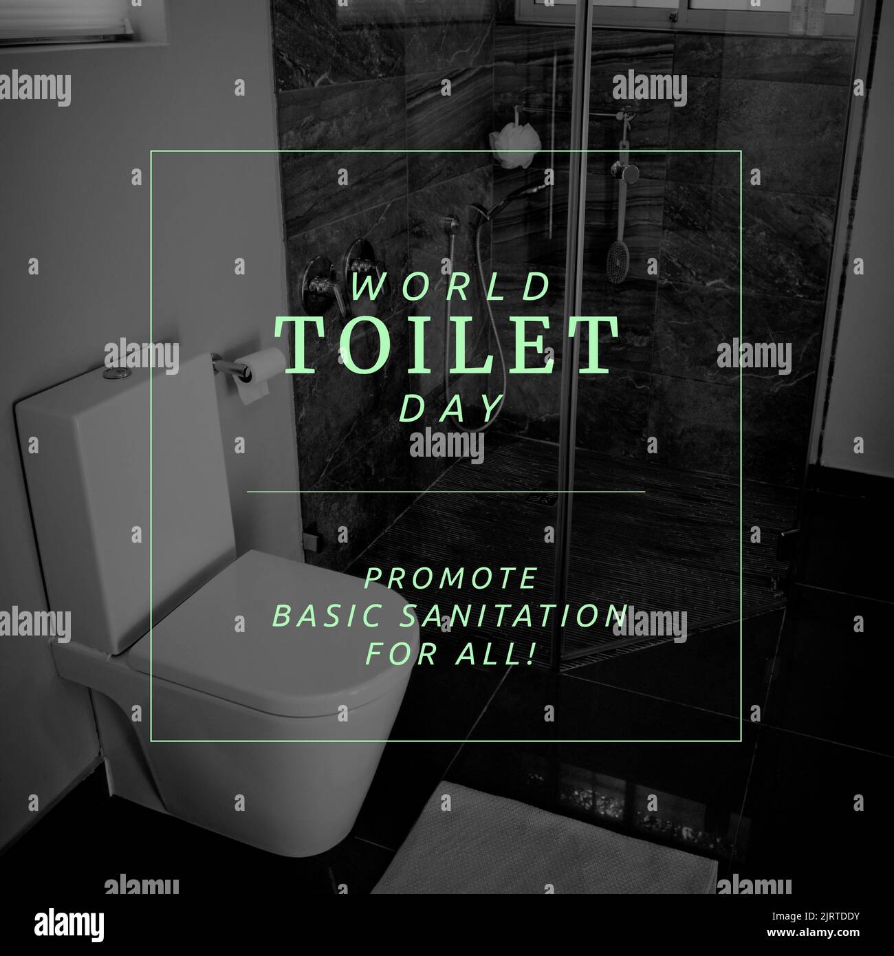 Digital composite image of world toilet day promote basic sanitation for all text in clean bathroom Stock Photo