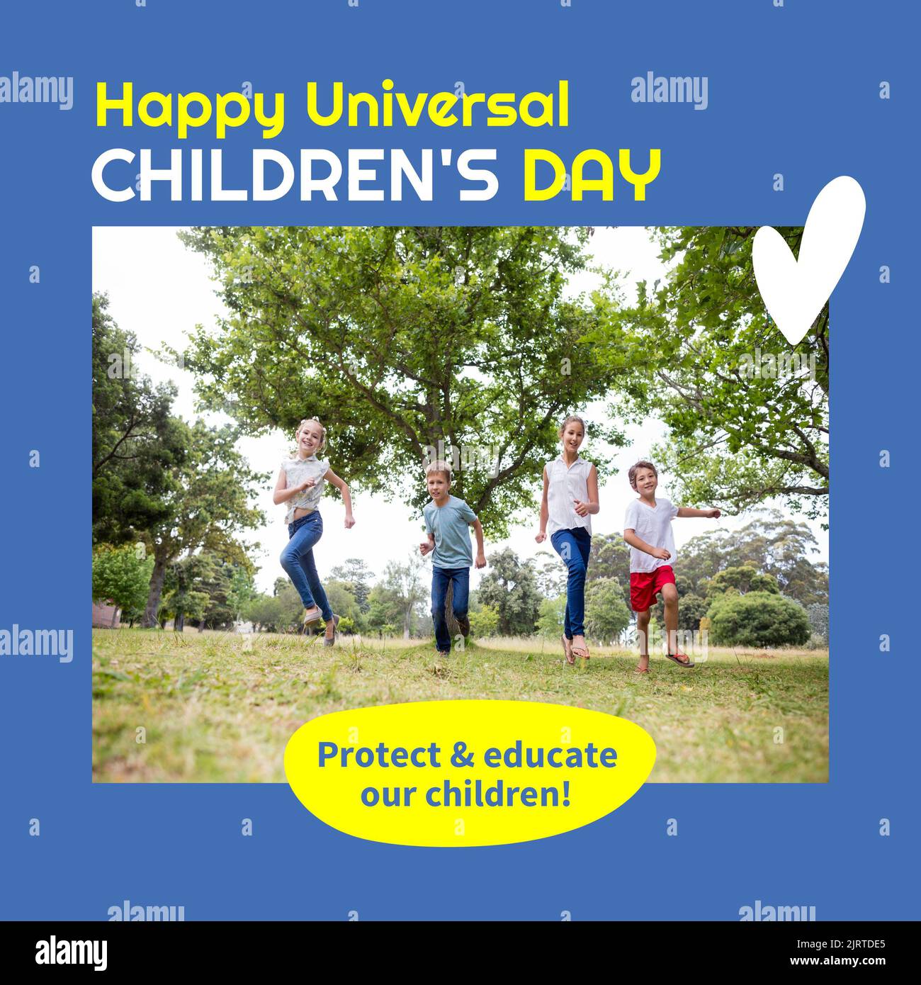 Composite of protect and educate our children text over caucasian playful children running in park Stock Photo