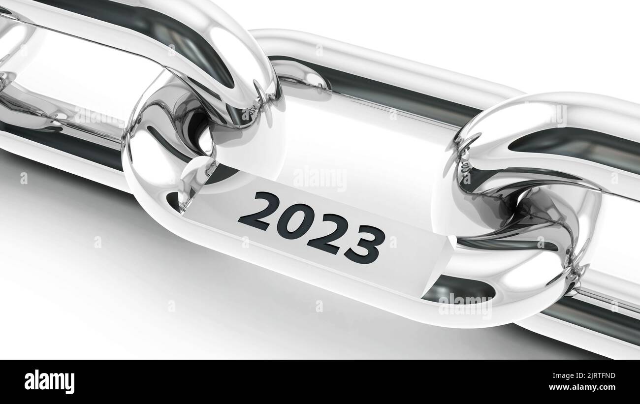 Chain with link with text - 2023 - represents the new year 2023, three-dimensional rendering, 3D illustration Stock Photo
